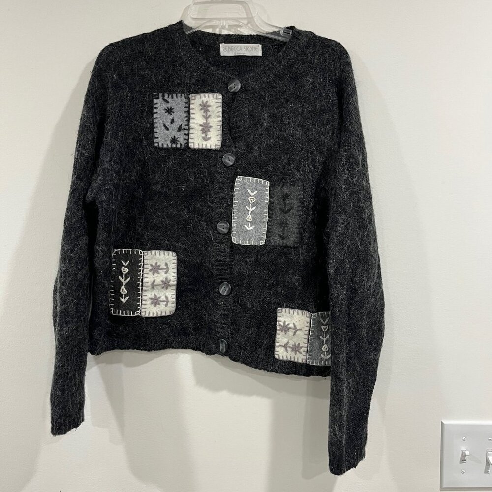 Vintage Rebecca Stone Gray Button Up Floral Applique Cardigan Sweater M/L